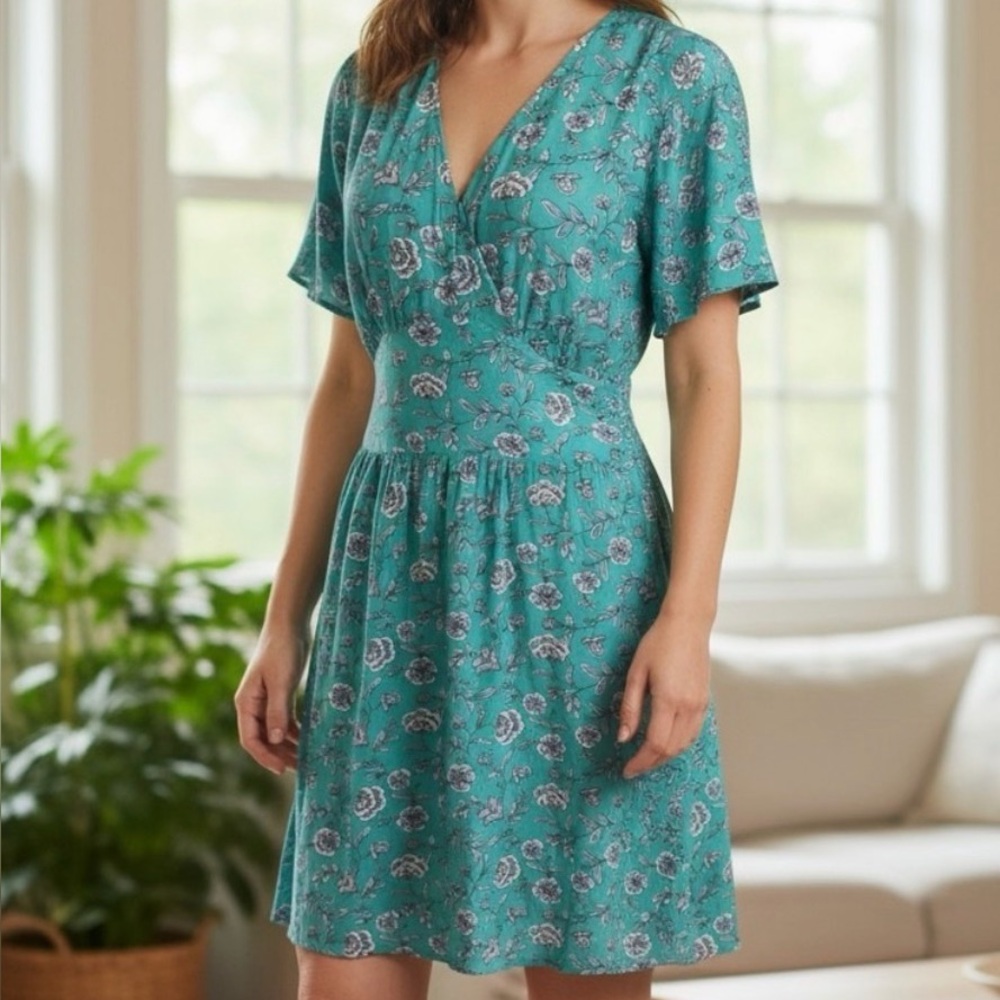 Ann Taylor LOFT Teal Blue Floral Dress Size 8